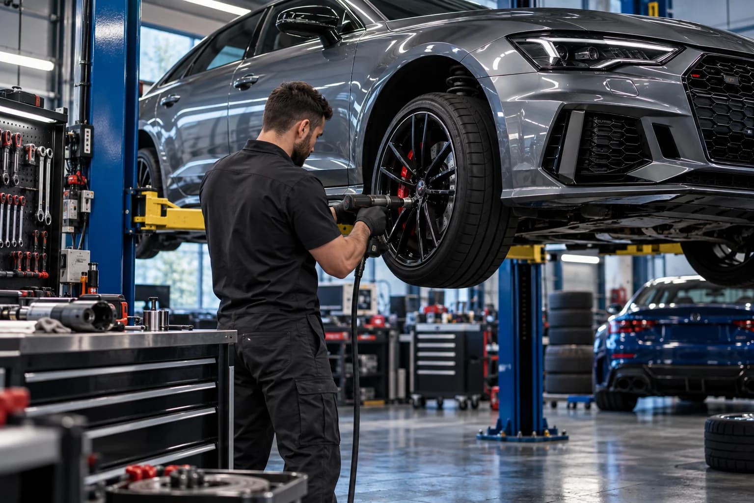 Technician working on a performance vehicle in an automotive shop