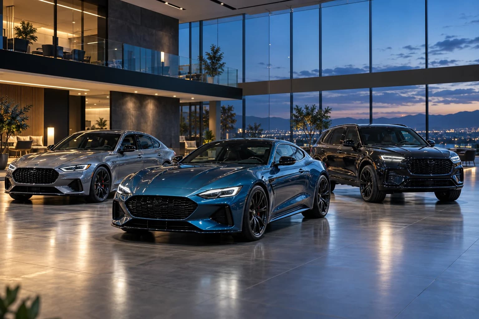 Premium dealership showroom with multiple performance vehicles