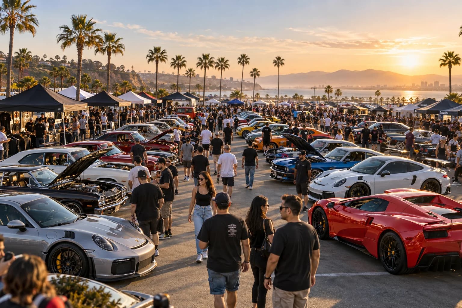 Large automotive festival with crowds, cars, and vendor tents